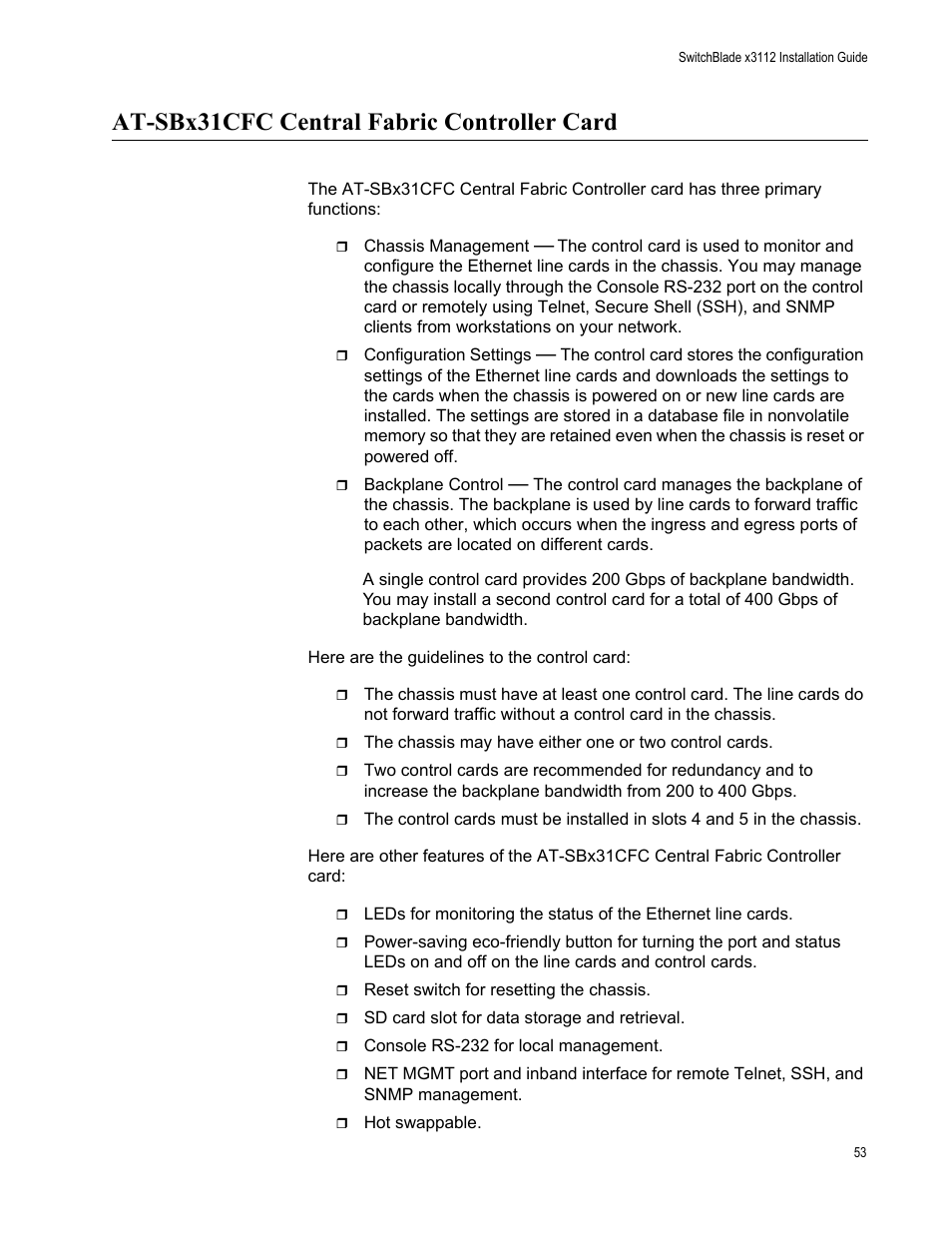 At-sbx31cfc central fabric controller card | Allied Telesis SwitchBlade x3112 User Manual | Page 53 / 222