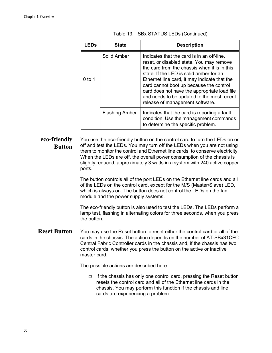 Eco-friendly button, Reset button, Eco-friendly button reset button | Allied Telesis SwitchBlade x3112 User Manual | Page 56 / 222