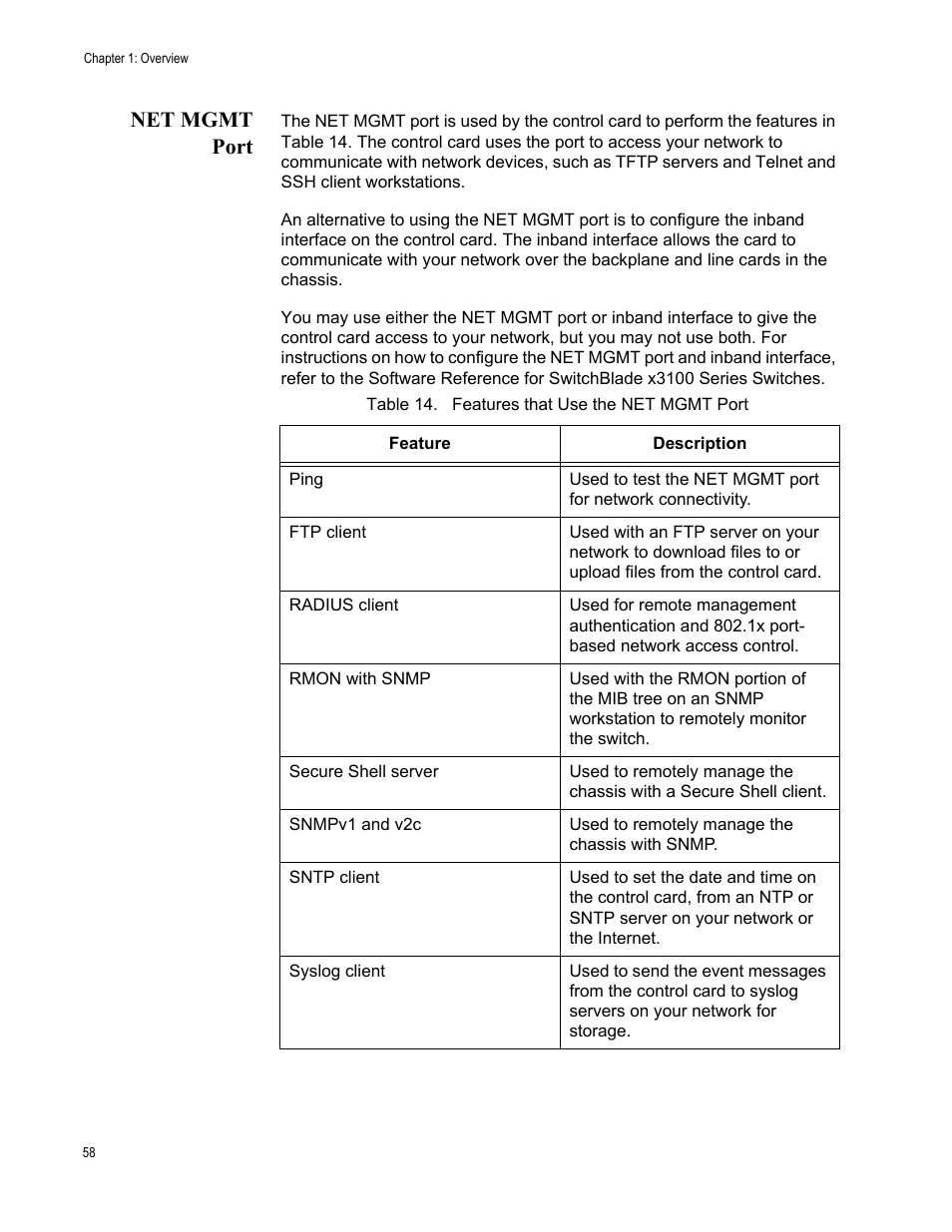 Net mgmt port, Table 14. features that use the net mgmt port | Allied Telesis SwitchBlade x3112 User Manual | Page 58 / 222