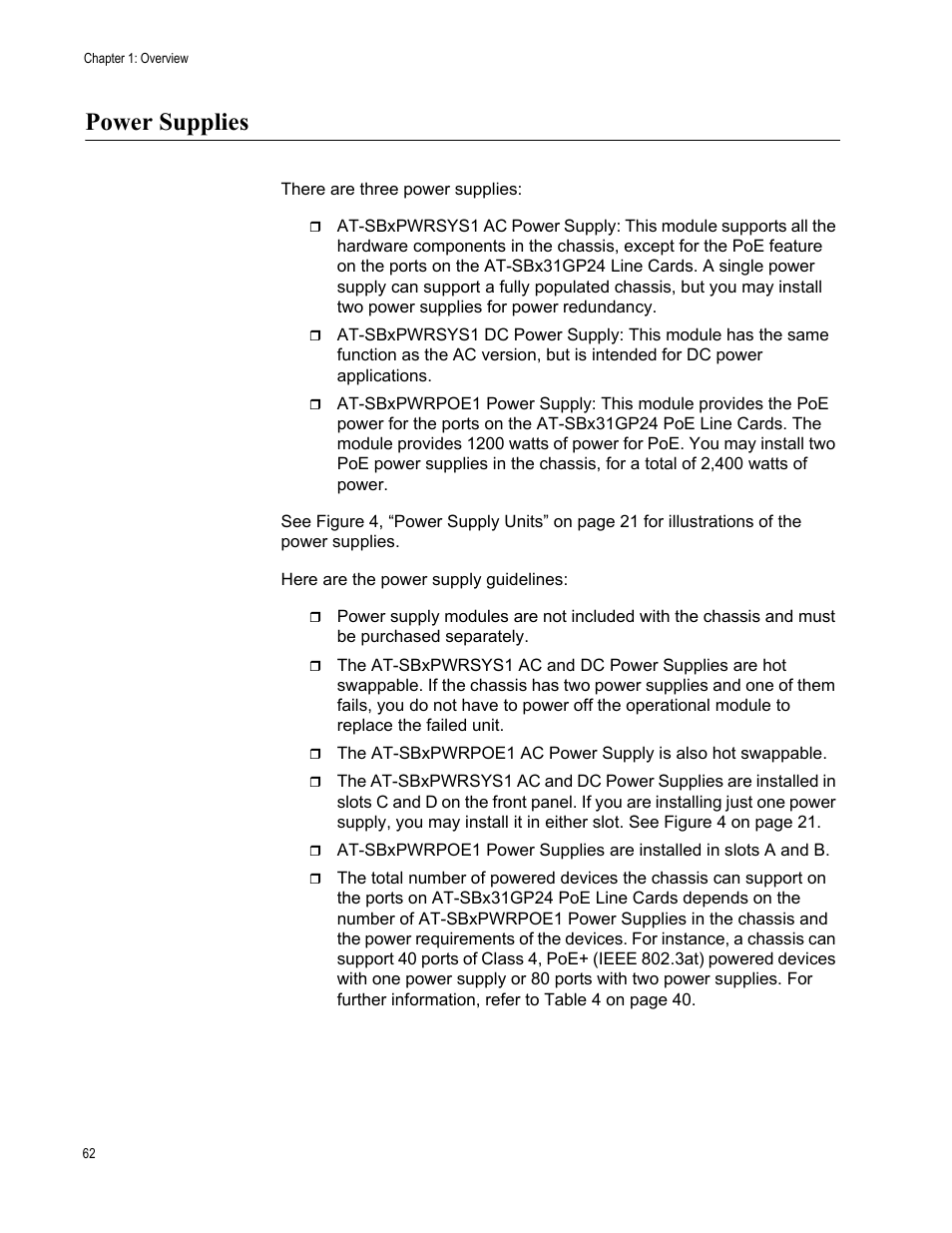 Power supplies | Allied Telesis SwitchBlade x3112 User Manual | Page 62 / 222