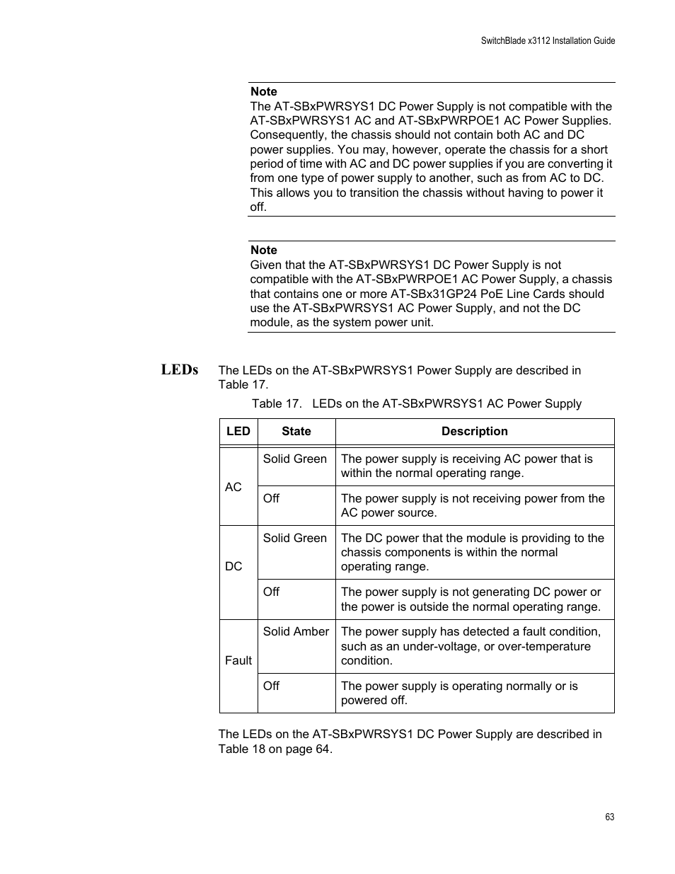 Leds | Allied Telesis SwitchBlade x3112 User Manual | Page 63 / 222