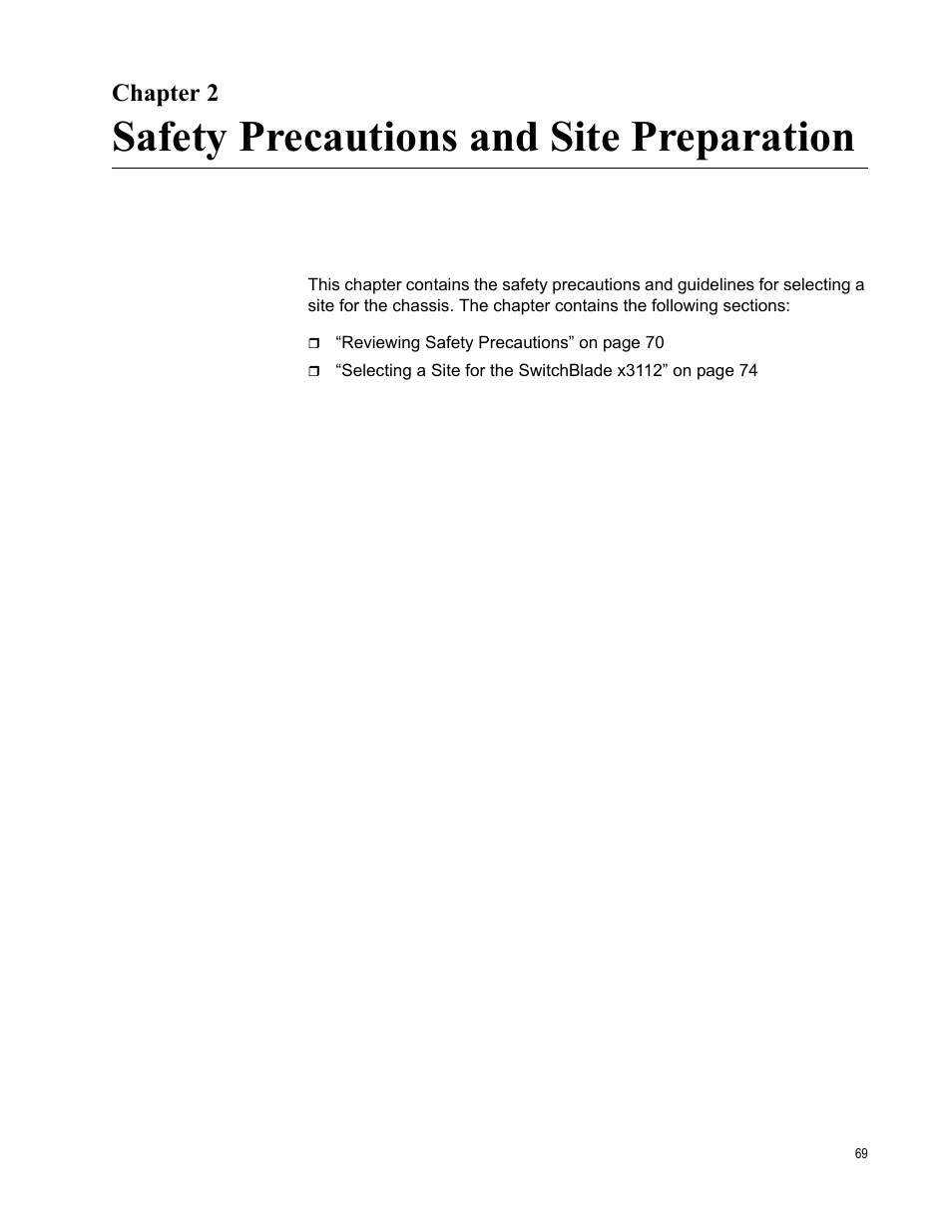 Chapter 2, Safety precautions and site preparation, Chapter 2: safety precautions and site preparation | Allied Telesis SwitchBlade x3112 User Manual | Page 69 / 222