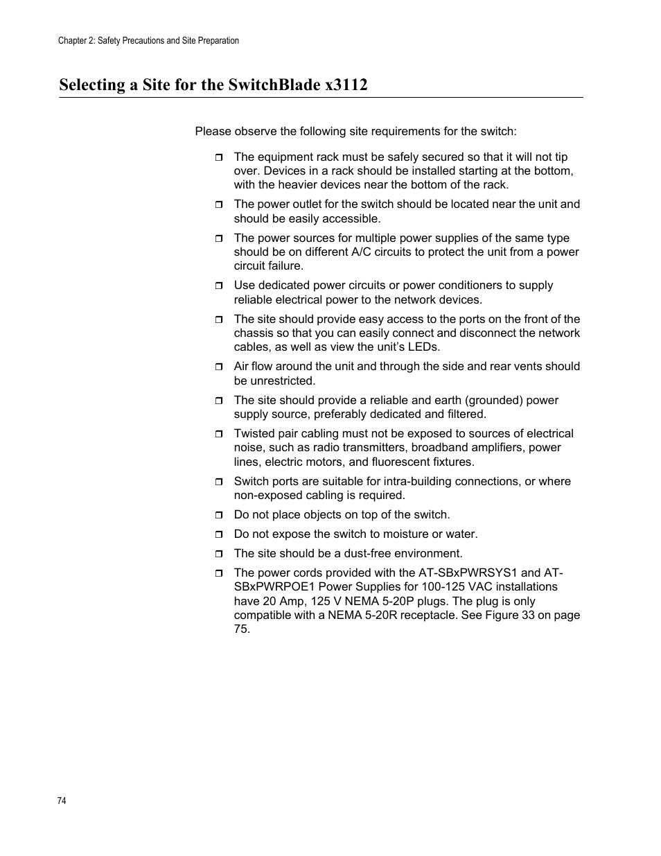 Selecting a site for the switchblade x3112 | Allied Telesis SwitchBlade x3112 User Manual | Page 74 / 222