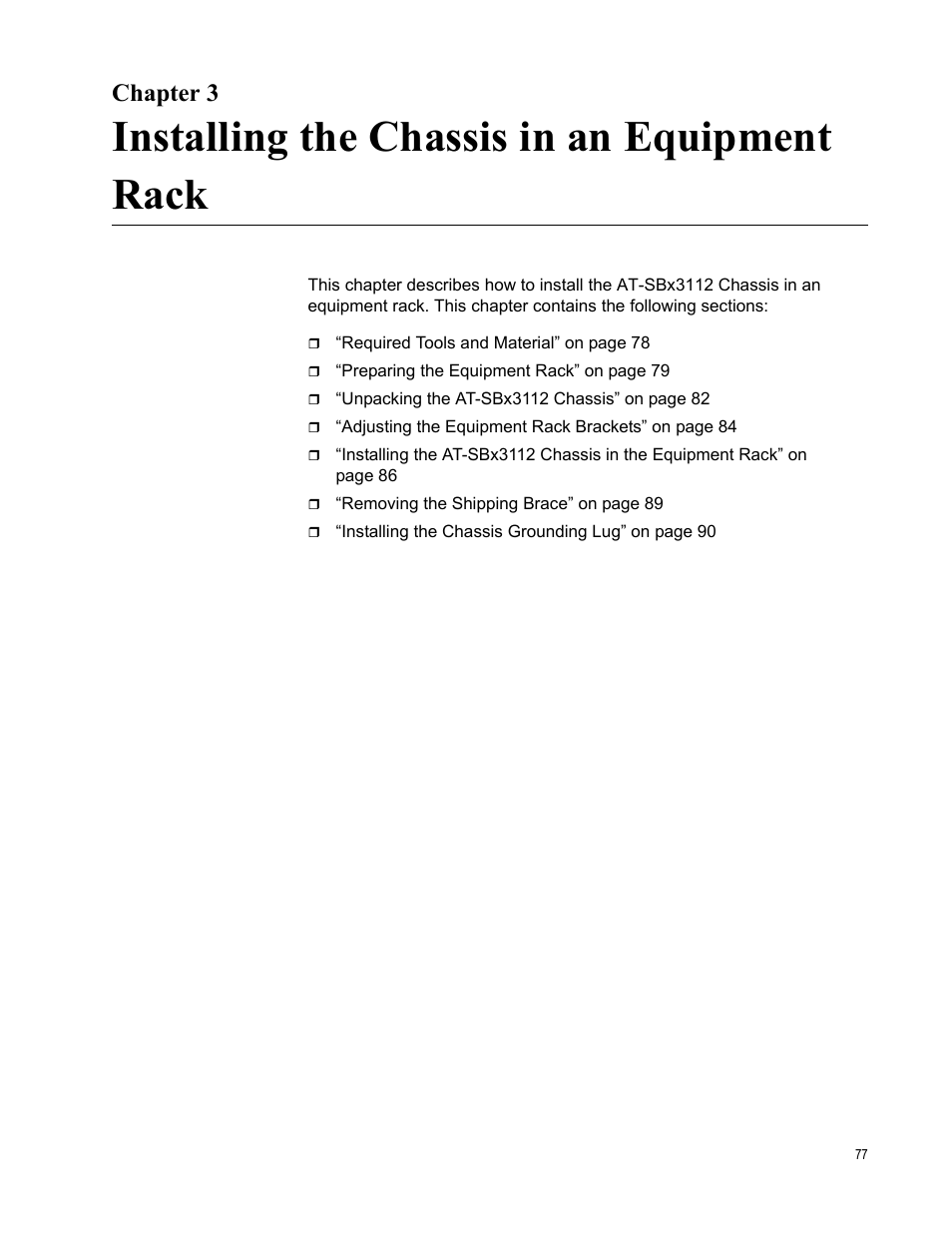 Chapter 3, Installing the chassis in an equipment rack | Allied Telesis SwitchBlade x3112 User Manual | Page 77 / 222