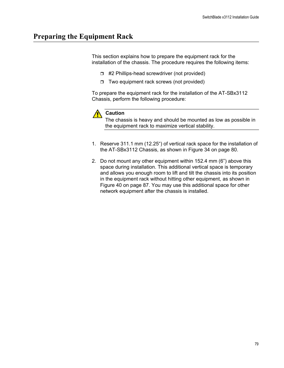 Preparing the equipment rack | Allied Telesis SwitchBlade x3112 User Manual | Page 79 / 222