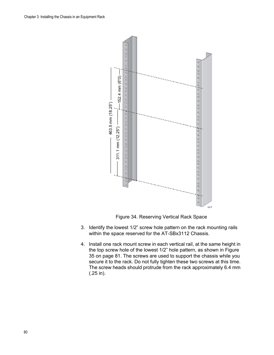 Figure 34: reserving vertical rack space | Allied Telesis SwitchBlade x3112 User Manual | Page 80 / 222