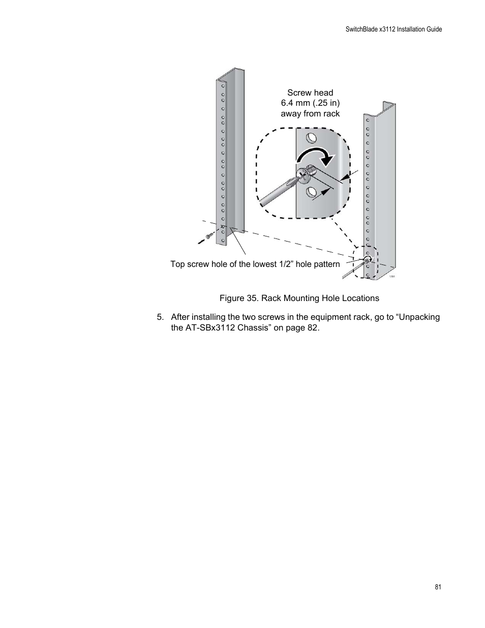 Figure 35: rack mounting hole locations | Allied Telesis SwitchBlade x3112 User Manual | Page 81 / 222
