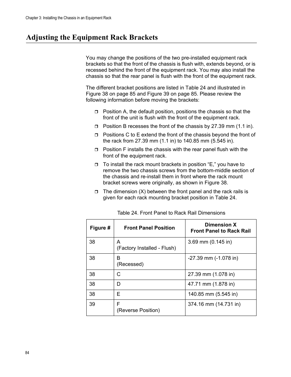Adjusting the equipment rack brackets, Table 24. front panel to rack rail dimensions | Allied Telesis SwitchBlade x3112 User Manual | Page 84 / 222