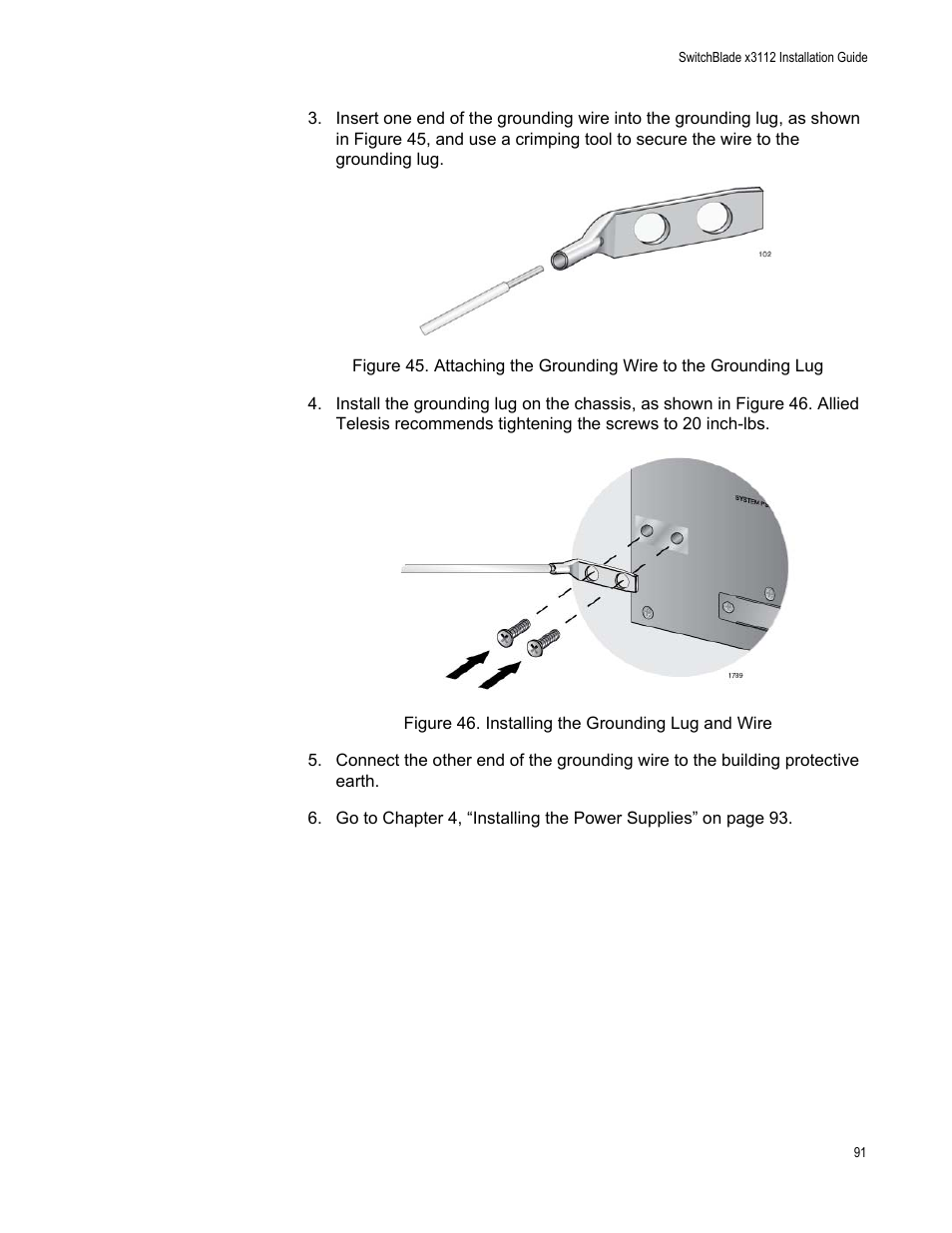 Attaching the grounding wire to the grounding lug, Figure 46: installing the grounding lug and wire | Allied Telesis SwitchBlade x3112 User Manual | Page 91 / 222
