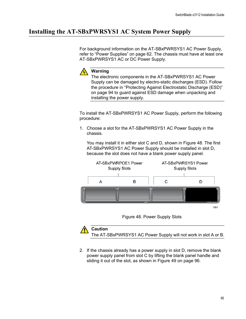 Figure 48: power supply slots | Allied Telesis SwitchBlade x3112 User Manual | Page 95 / 222