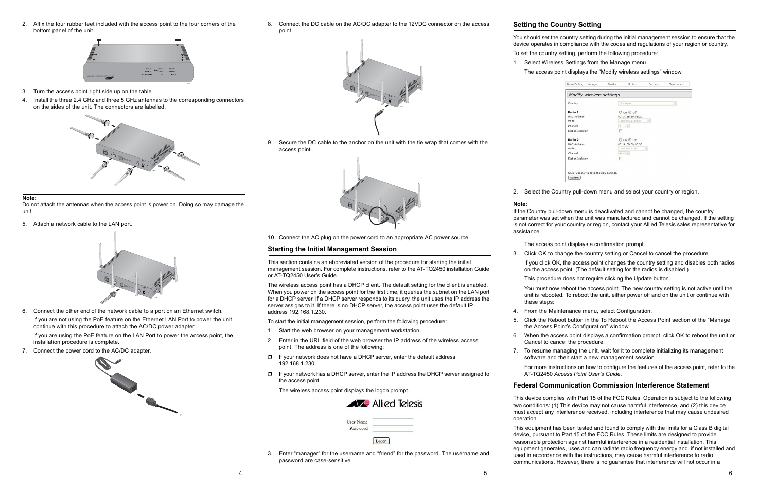 Starting the initial management session, Setting the country setting | Allied Telesis AT-TQ2450 User Manual | Page 2 / 4