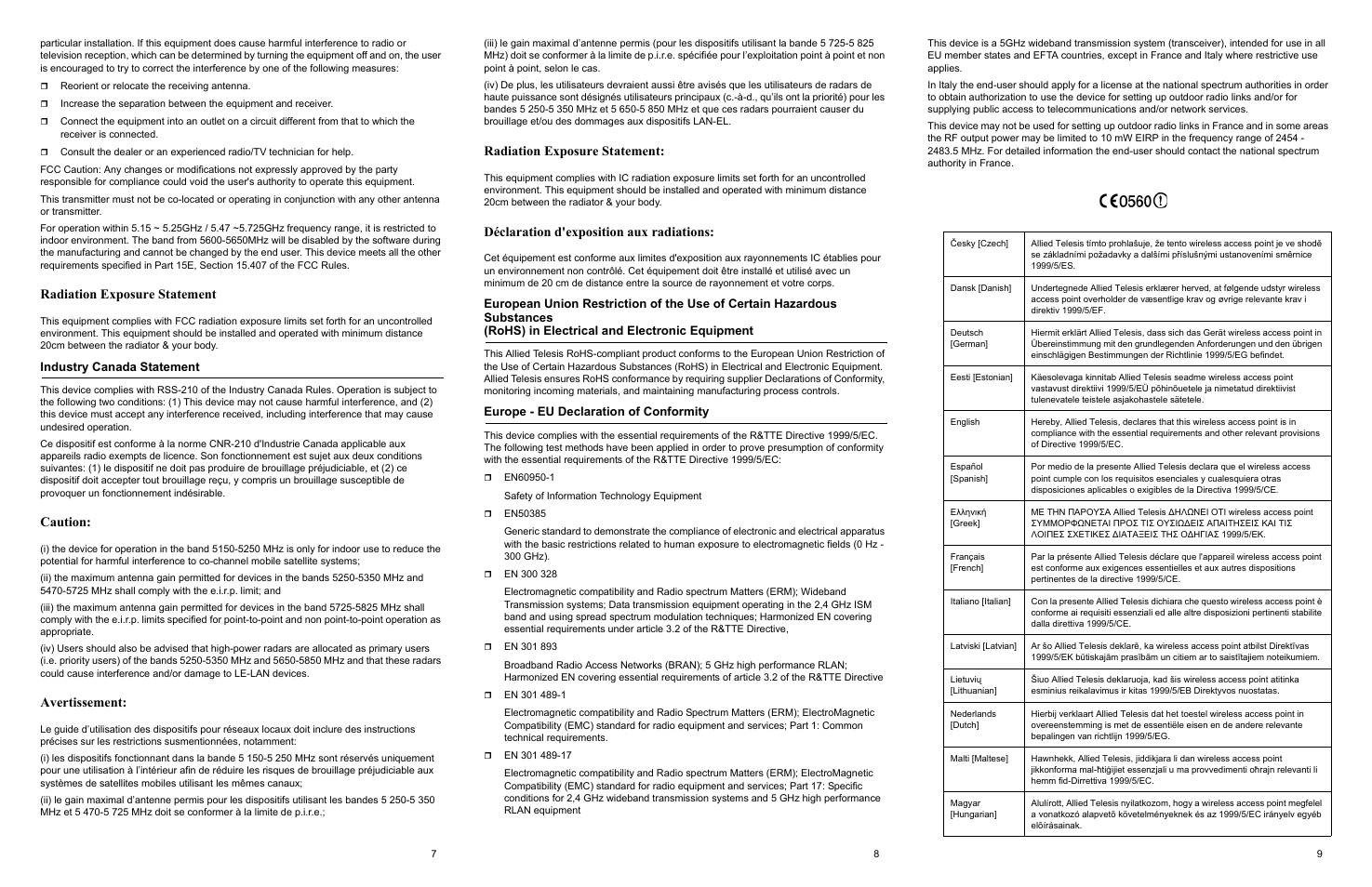 Radiation exposure statement, Caution, Avertissement | Déclaration d'exposition aux radiations, Industry canada statement, Europe - eu declaration of conformity | Allied Telesis AT-TQ2450 User Manual | Page 3 / 4