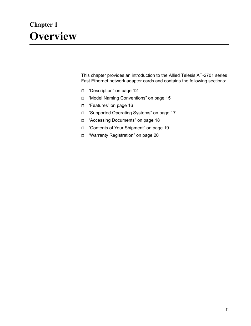 Chapter 1, Overview | Allied Telesis AT-2701 Series Adapters User Manual | Page 11 / 94
