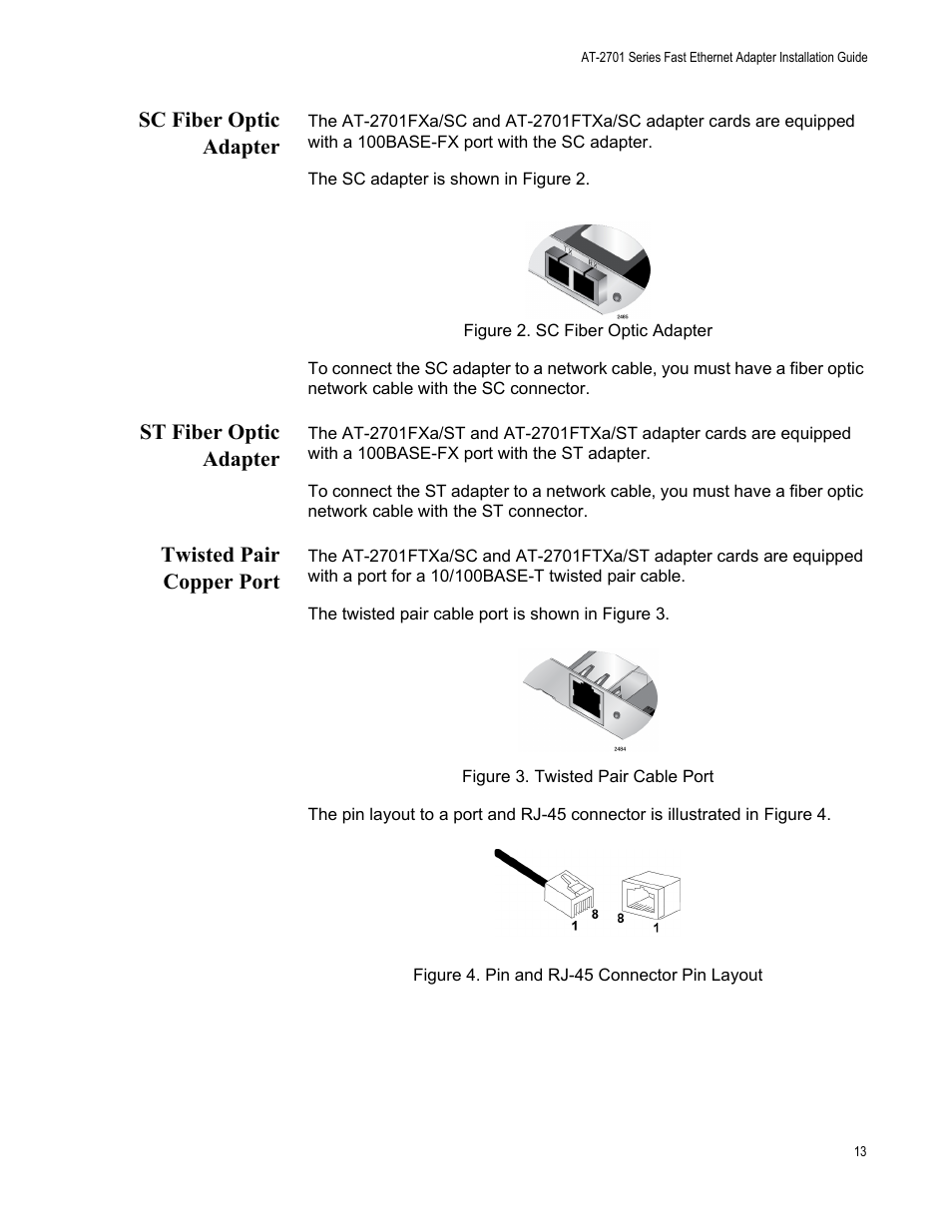 Sc fiber optic adapter, St fiber optic adapter, Twisted pair copper port | Allied Telesis AT-2701 Series Adapters User Manual | Page 13 / 94