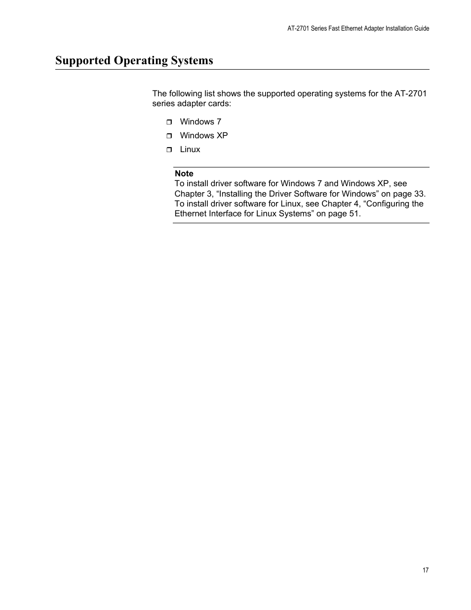 Supported operating systems | Allied Telesis AT-2701 Series Adapters User Manual | Page 17 / 94