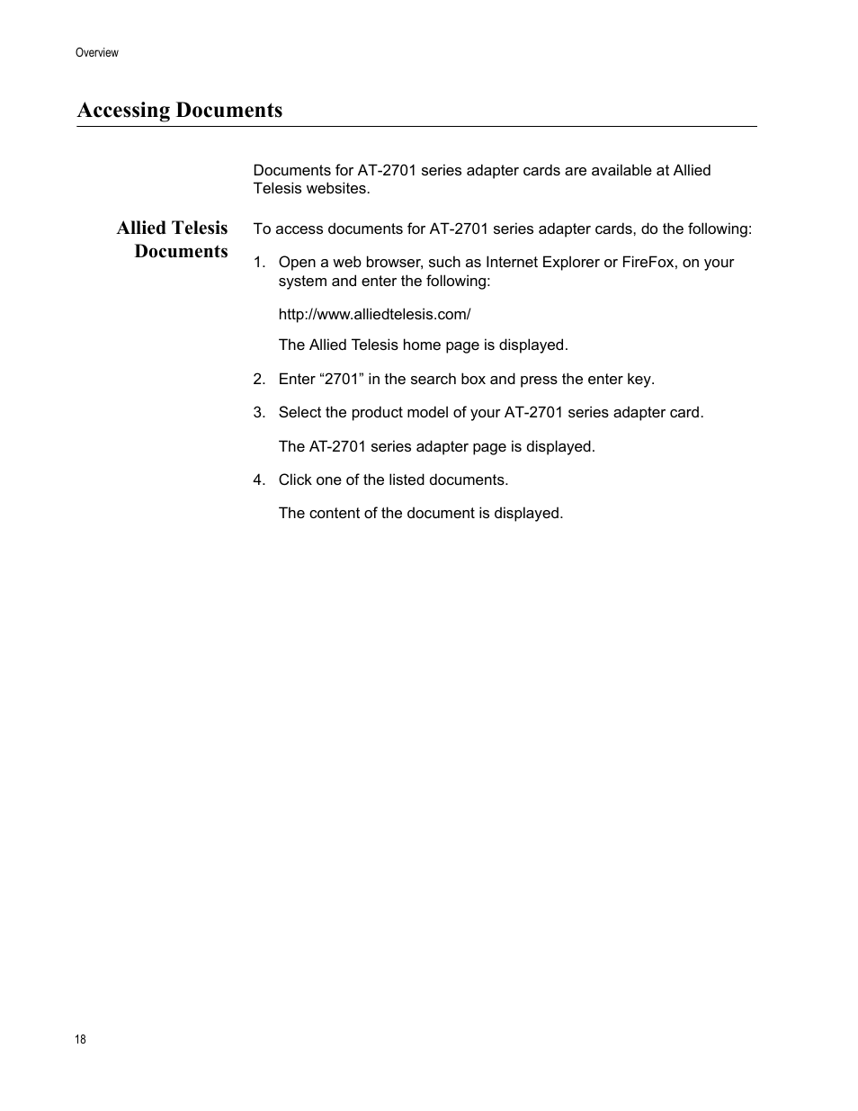Accessing documents, Allied telesis documents | Allied Telesis AT-2701 Series Adapters User Manual | Page 18 / 94