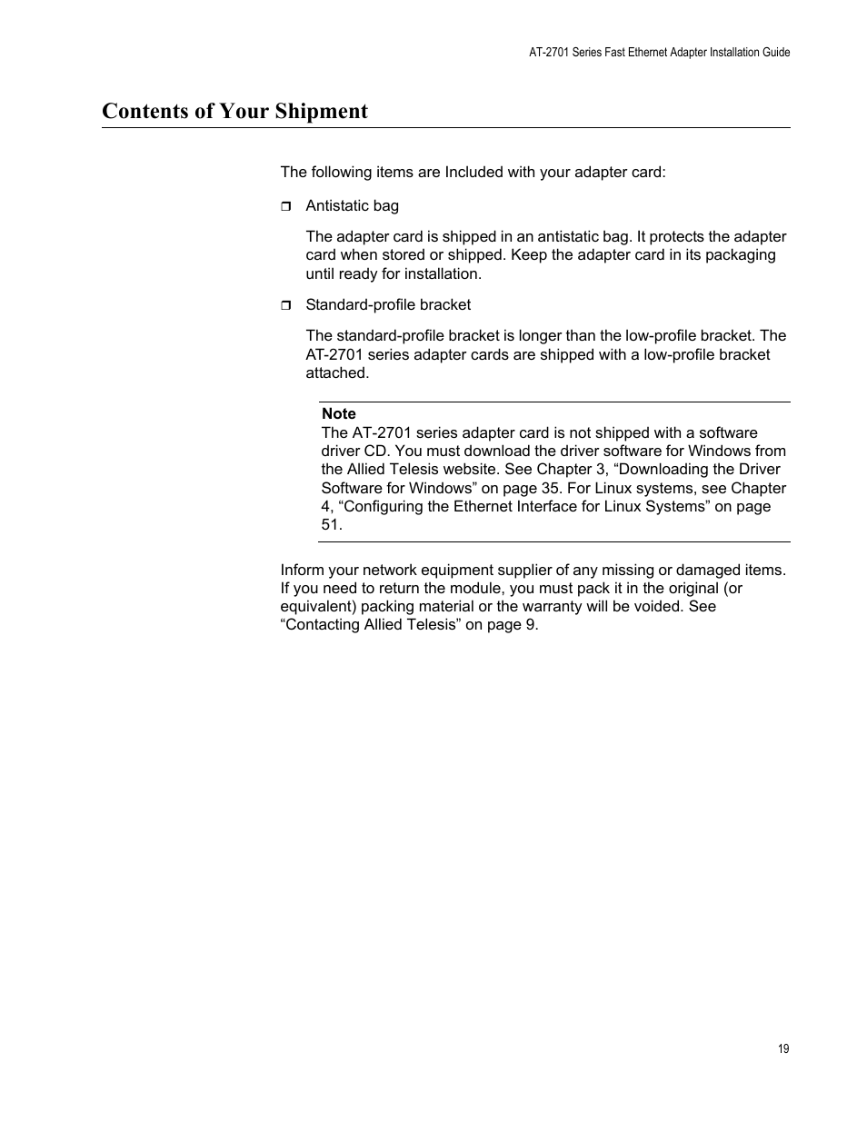 Contents of your shipment | Allied Telesis AT-2701 Series Adapters User Manual | Page 19 / 94
