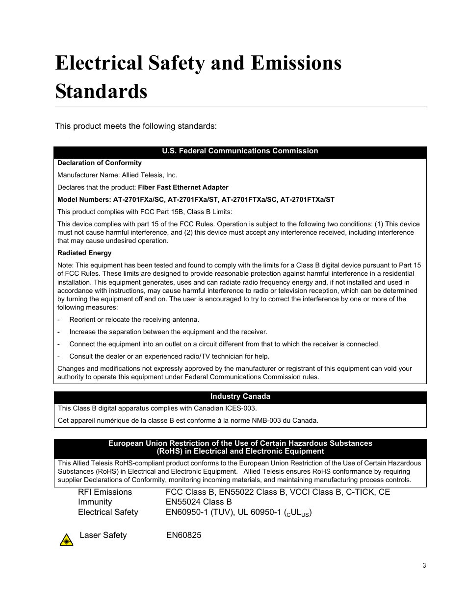 Electrical safety and emissions standards | Allied Telesis AT-2701 Series Adapters User Manual | Page 3 / 94