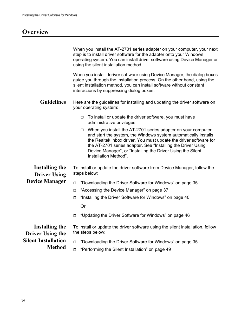 Overview, Guidelines, Installing the driver using device manager | Allied Telesis AT-2701 Series Adapters User Manual | Page 34 / 94