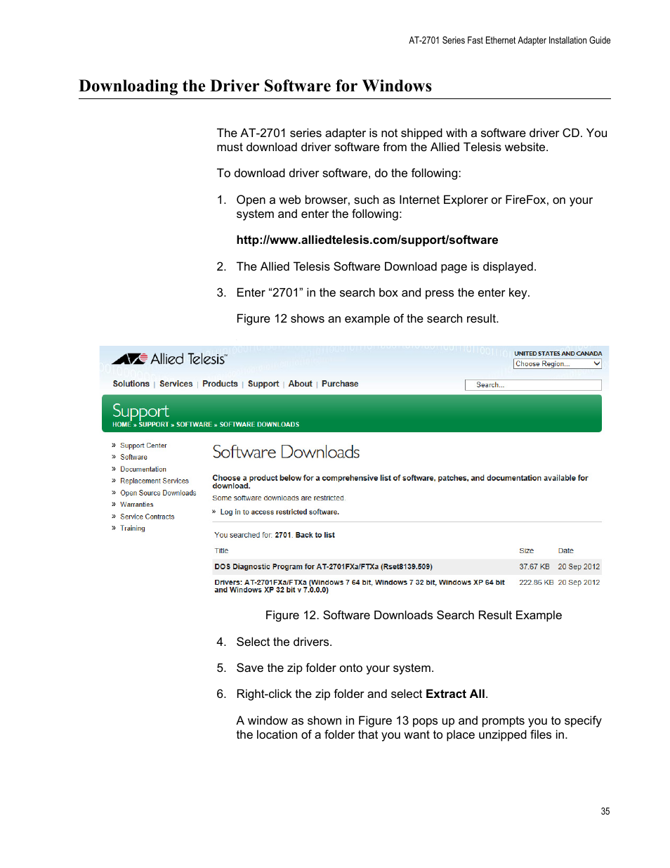 Downloading the driver software for windows | Allied Telesis AT-2701 Series Adapters User Manual | Page 35 / 94