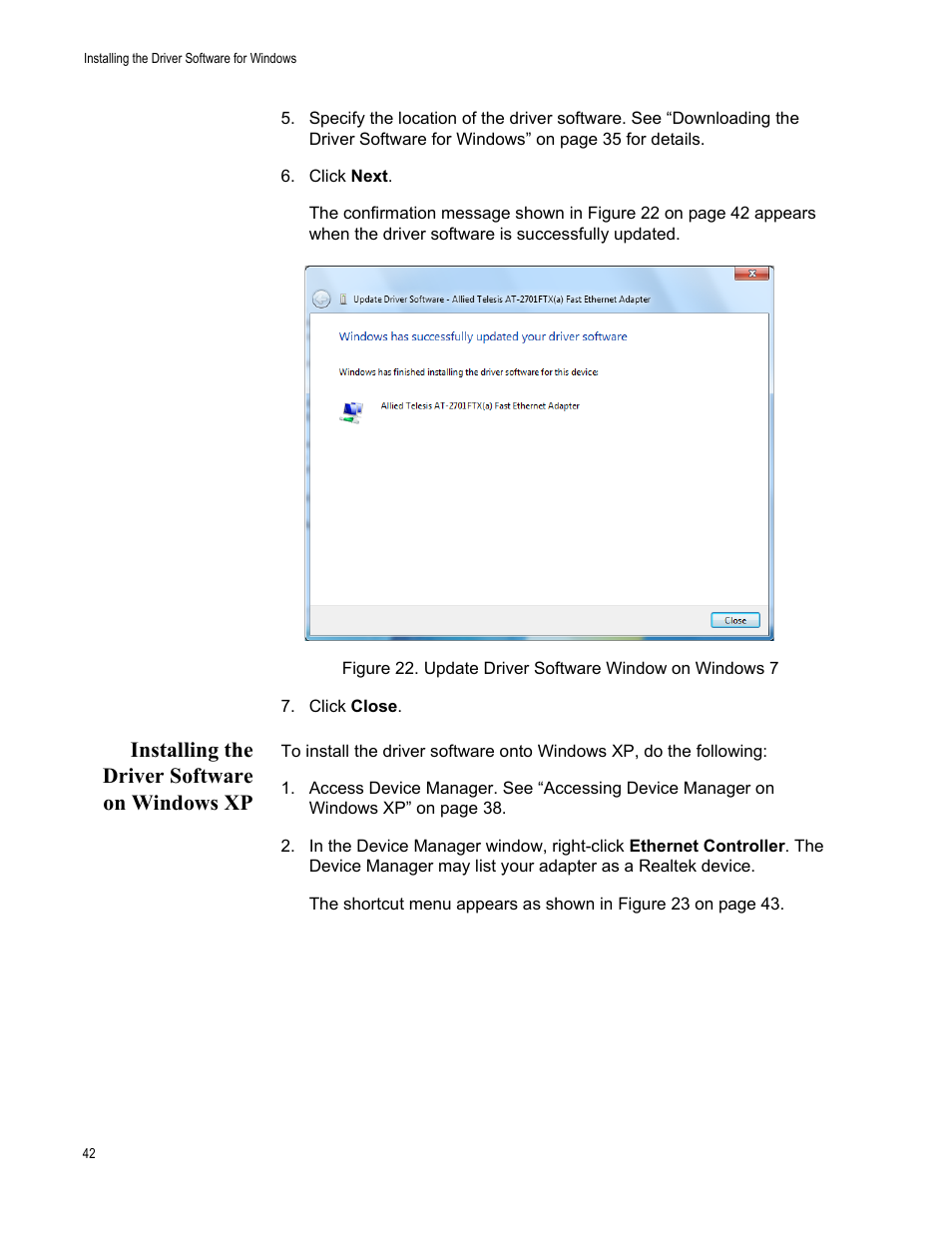 Installing the driver software on windows xp | Allied Telesis AT-2701 Series Adapters User Manual | Page 42 / 94