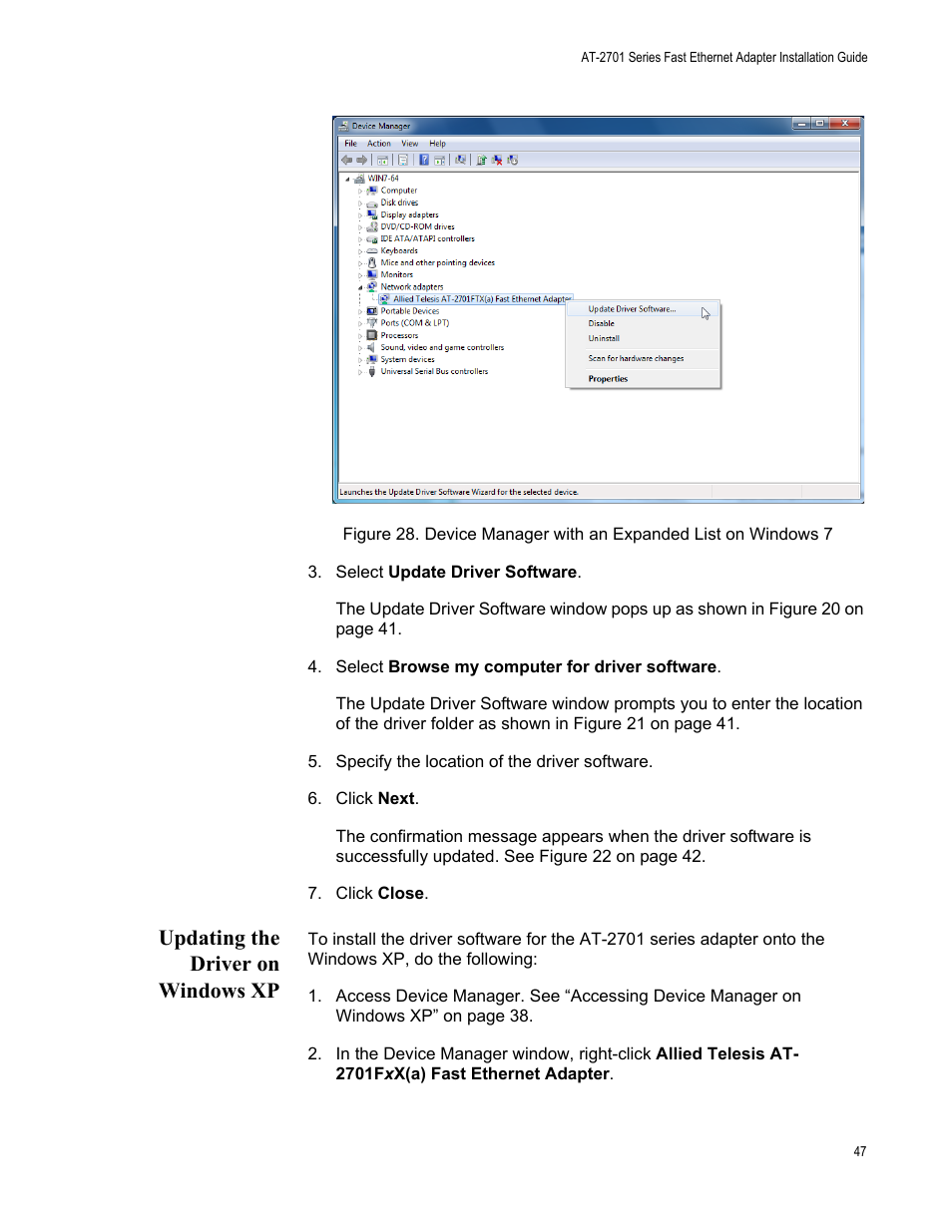 Updating the driver on windows xp | Allied Telesis AT-2701 Series Adapters User Manual | Page 47 / 94