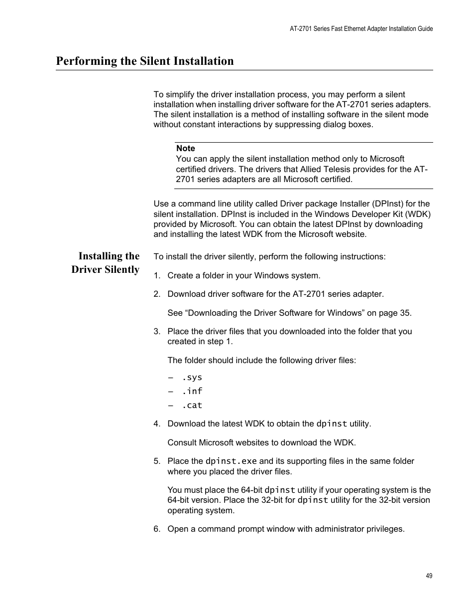 Performing the silent installation, Installing the driver silently | Allied Telesis AT-2701 Series Adapters User Manual | Page 49 / 94