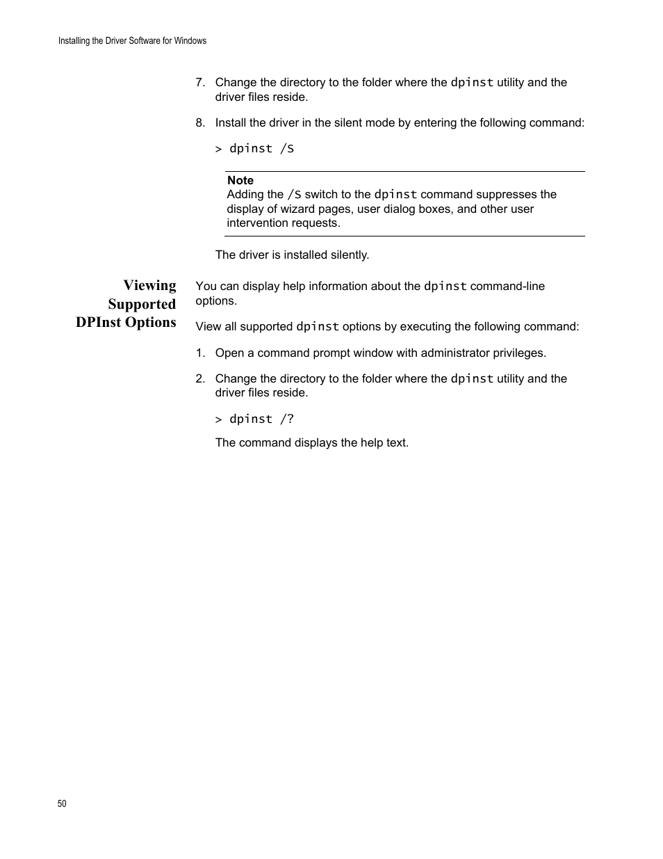 Viewing supported dpinst options | Allied Telesis AT-2701 Series Adapters User Manual | Page 50 / 94