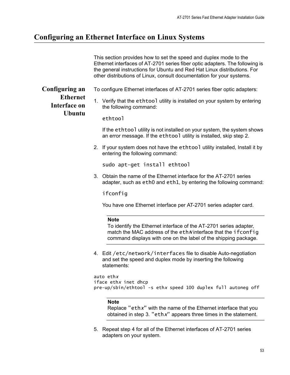 Configuring an ethernet interface on linux systems, Configuring an ethernet interface on ubuntu | Allied Telesis AT-2701 Series Adapters User Manual | Page 53 / 94