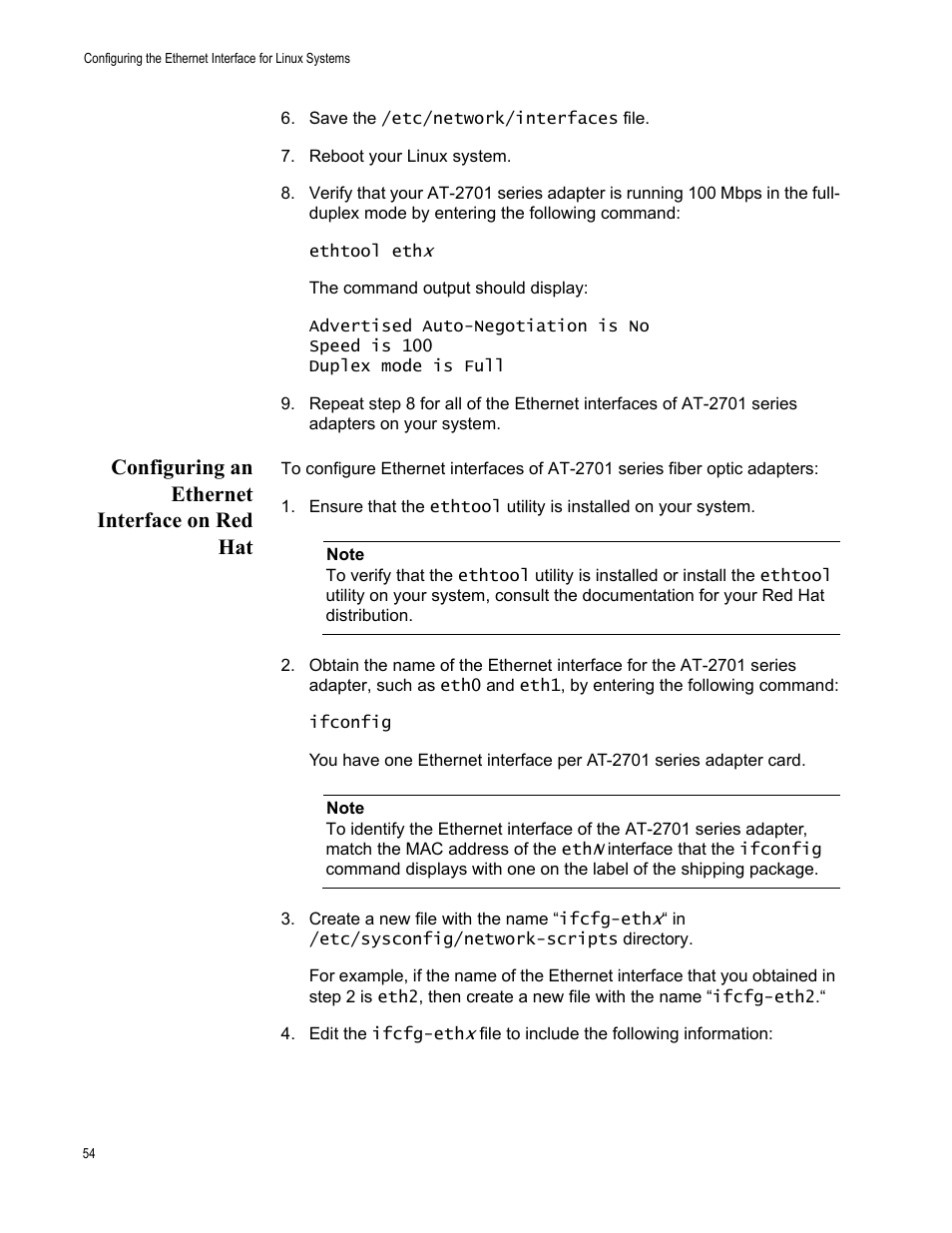 Configuring an ethernet interface on red hat | Allied Telesis AT-2701 Series Adapters User Manual | Page 54 / 94