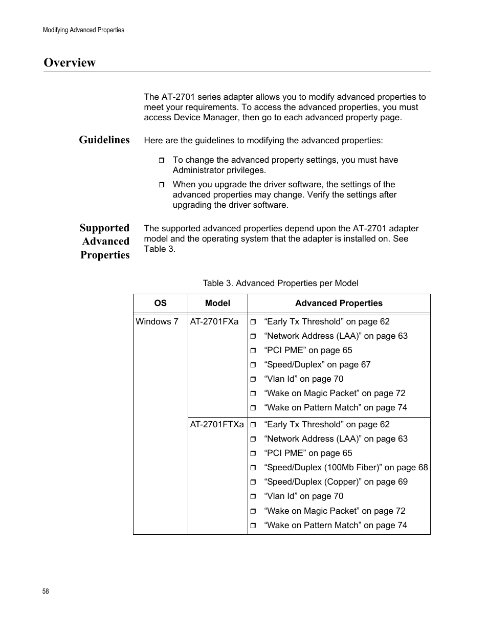 Overview, Guidelines, Supported advanced properties | Guidelines supported advanced properties | Allied Telesis AT-2701 Series Adapters User Manual | Page 58 / 94