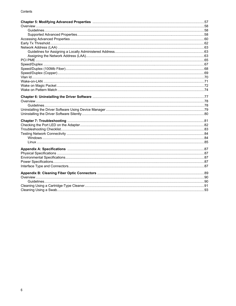 Chapter 5, Chapter 6, Chapter 7 | Appendix a, Appendix b | Allied Telesis AT-2701 Series Adapters User Manual | Page 6 / 94