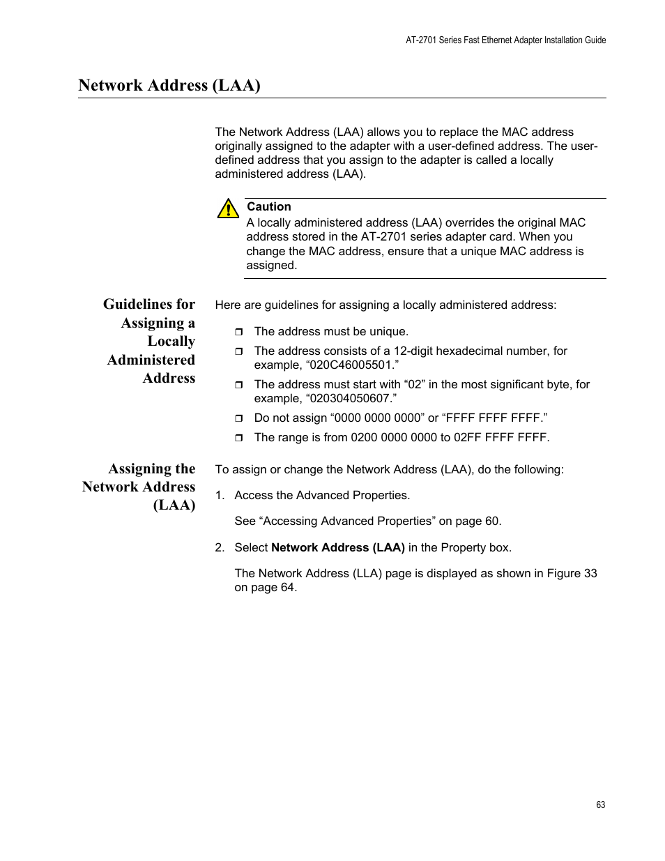 Network address (laa), Assigning the network address (laa) | Allied Telesis AT-2701 Series Adapters User Manual | Page 63 / 94