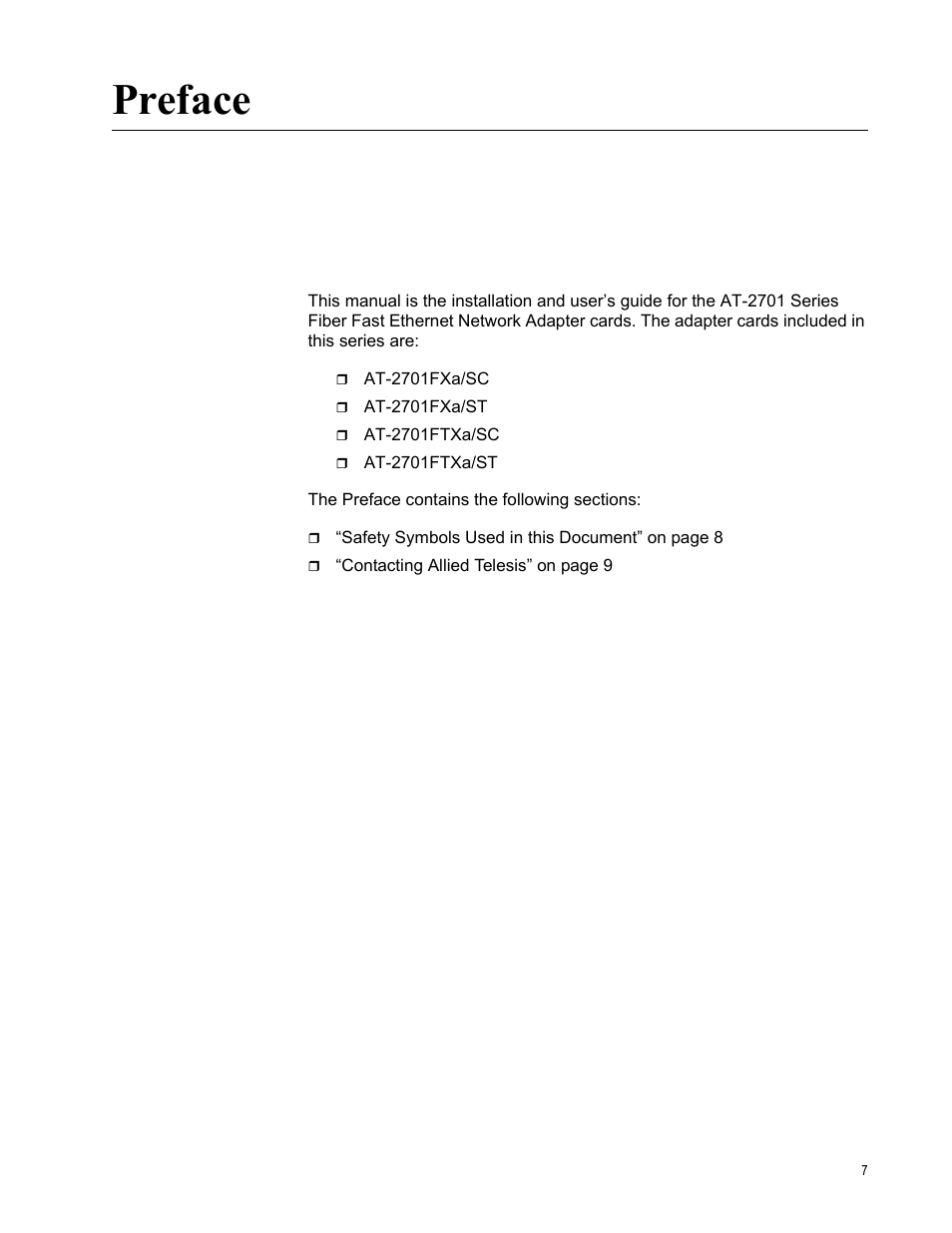 Preface | Allied Telesis AT-2701 Series Adapters User Manual | Page 7 / 94