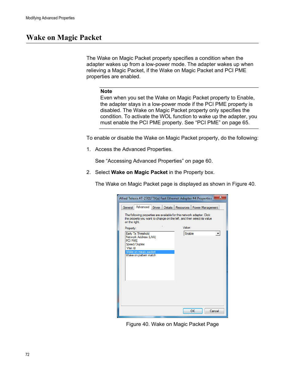 Wake on magic packet, Of the “wake on magic packet” and | Allied Telesis AT-2701 Series Adapters User Manual | Page 72 / 94