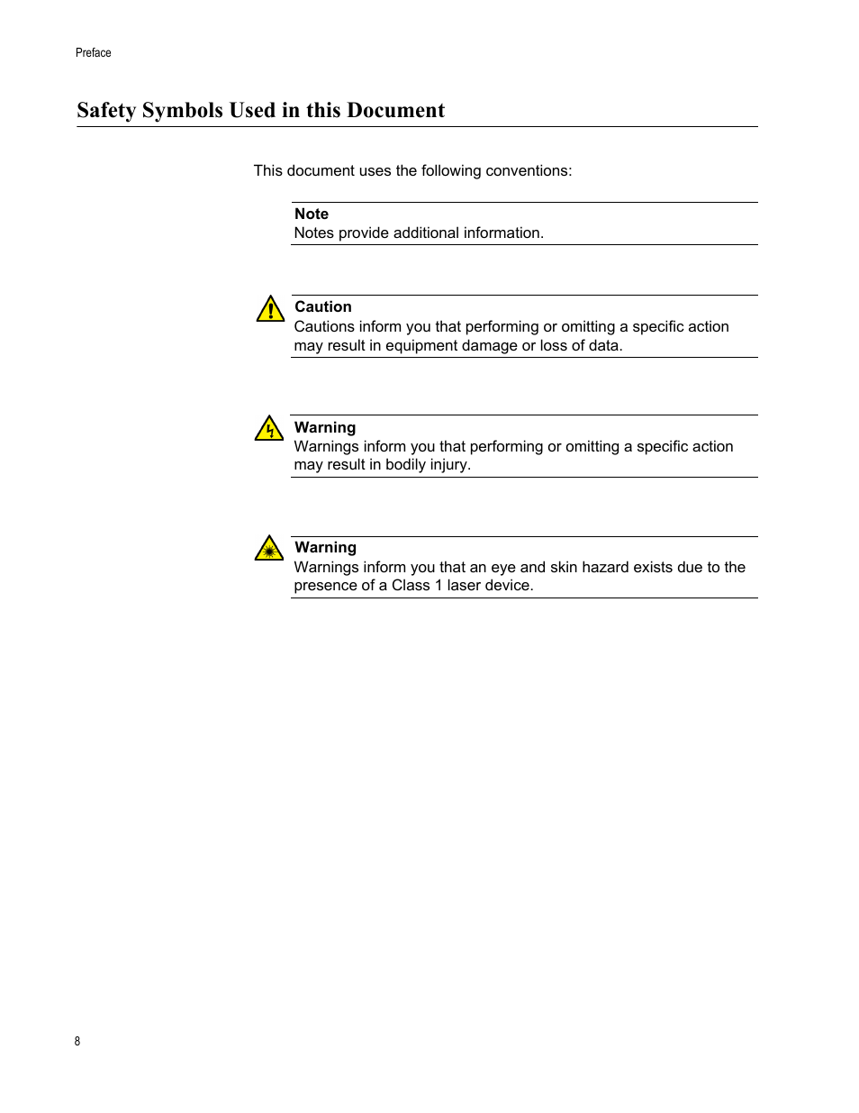 Safety symbols used in this document | Allied Telesis AT-2701 Series Adapters User Manual | Page 8 / 94