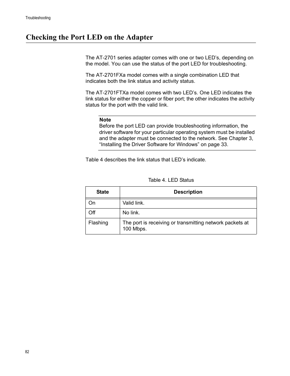 Checking the port led on the adapter | Allied Telesis AT-2701 Series Adapters User Manual | Page 82 / 94