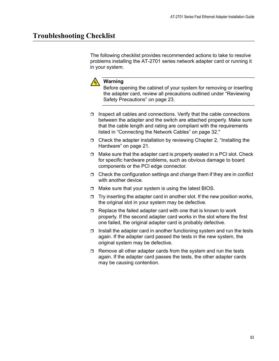 Troubleshooting checklist | Allied Telesis AT-2701 Series Adapters User Manual | Page 83 / 94