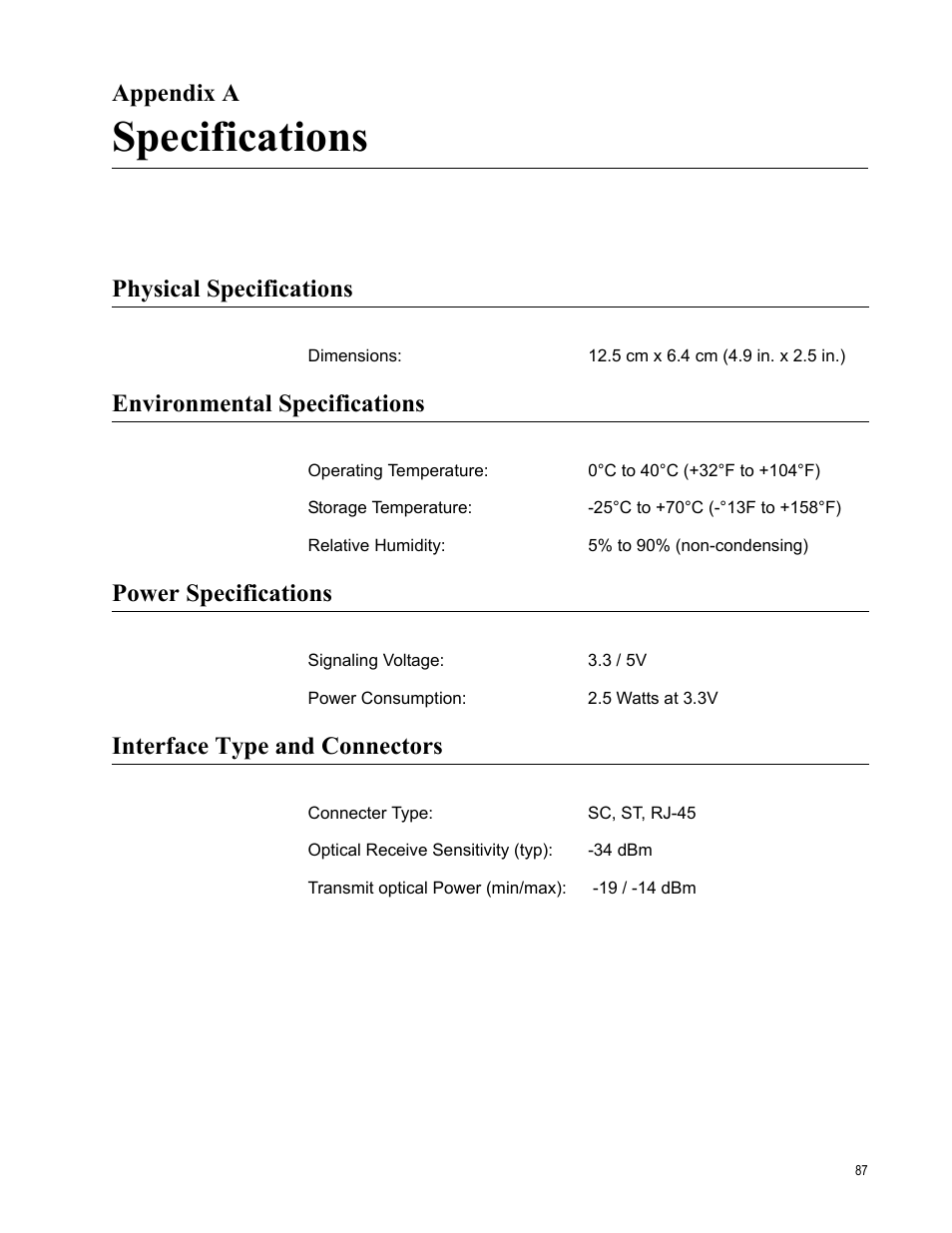 Appendix a, Specifications, Physical specifications | Environmental specifications, Power specifications, Interface type and connectors, Appendix a: specifications | Allied Telesis AT-2701 Series Adapters User Manual | Page 87 / 94