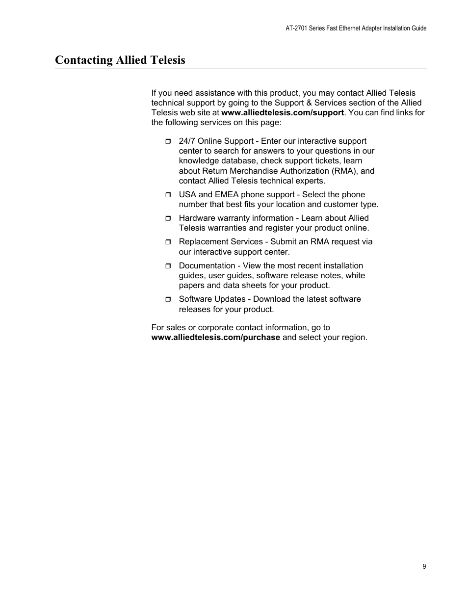 Contacting allied telesis | Allied Telesis AT-2701 Series Adapters User Manual | Page 9 / 94