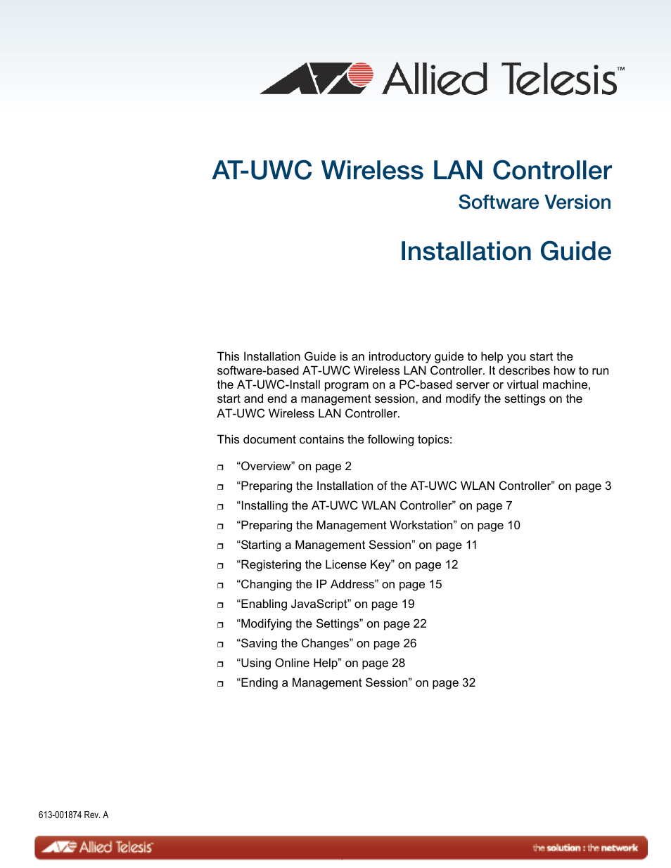 Allied Telesis AT-UWC Wireless LAN Controller User Manual | 33 pages