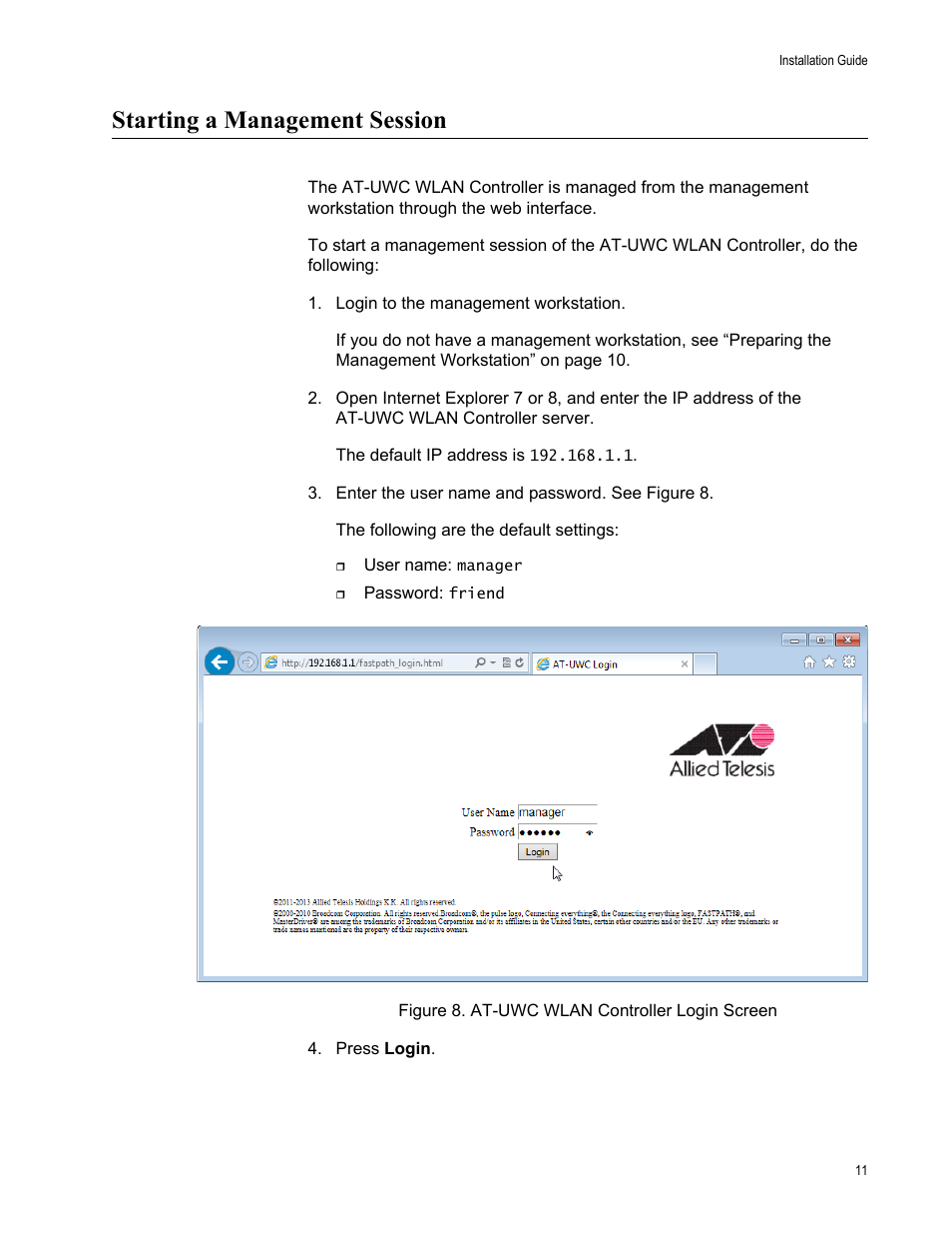 Starting a management session | Allied Telesis AT-UWC Wireless LAN Controller User Manual | Page 11 / 33