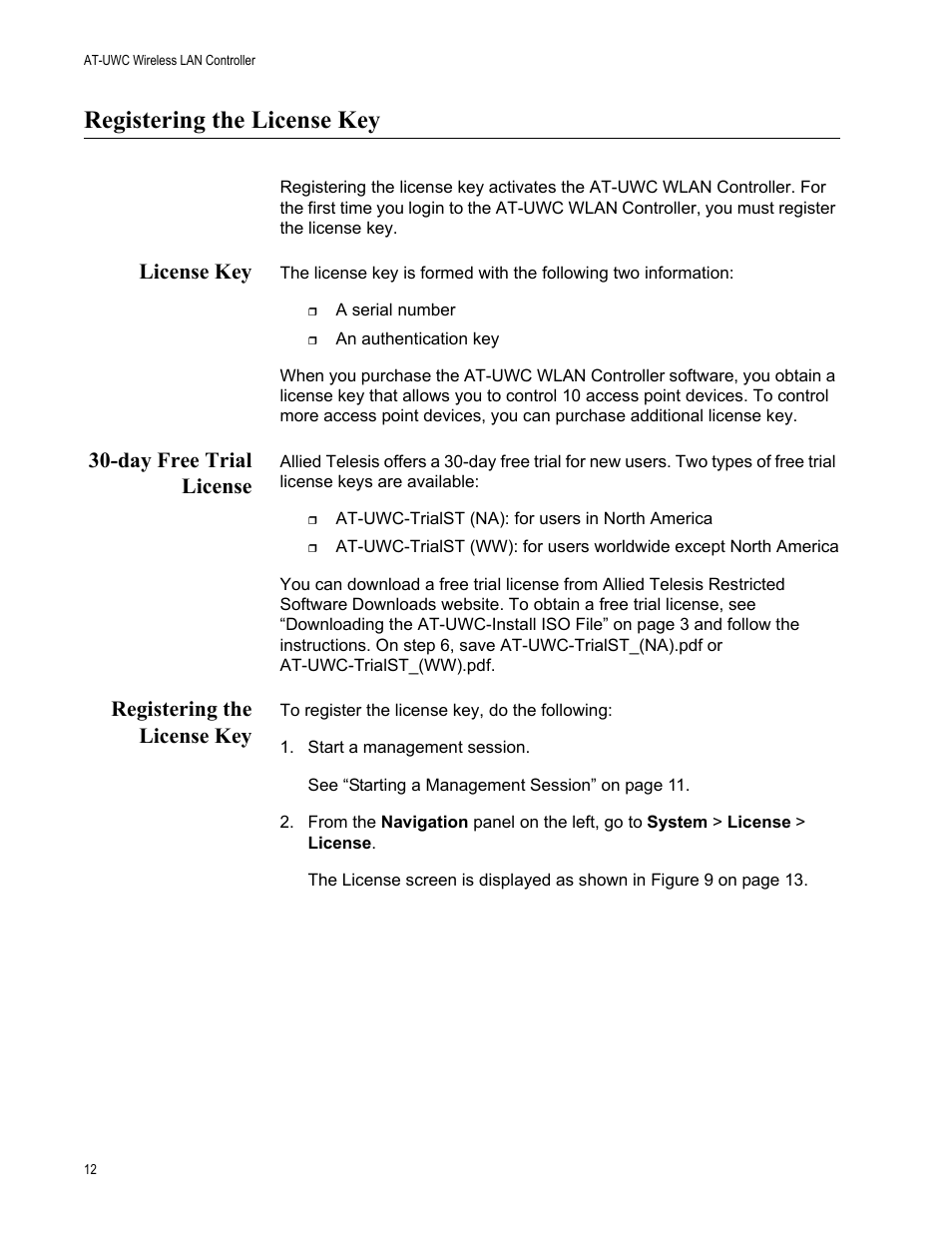 Registering the license key, License key, Day free trial license | Allied Telesis AT-UWC Wireless LAN Controller User Manual | Page 12 / 33