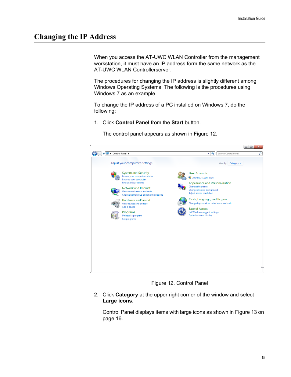Changing the ip address | Allied Telesis AT-UWC Wireless LAN Controller User Manual | Page 15 / 33