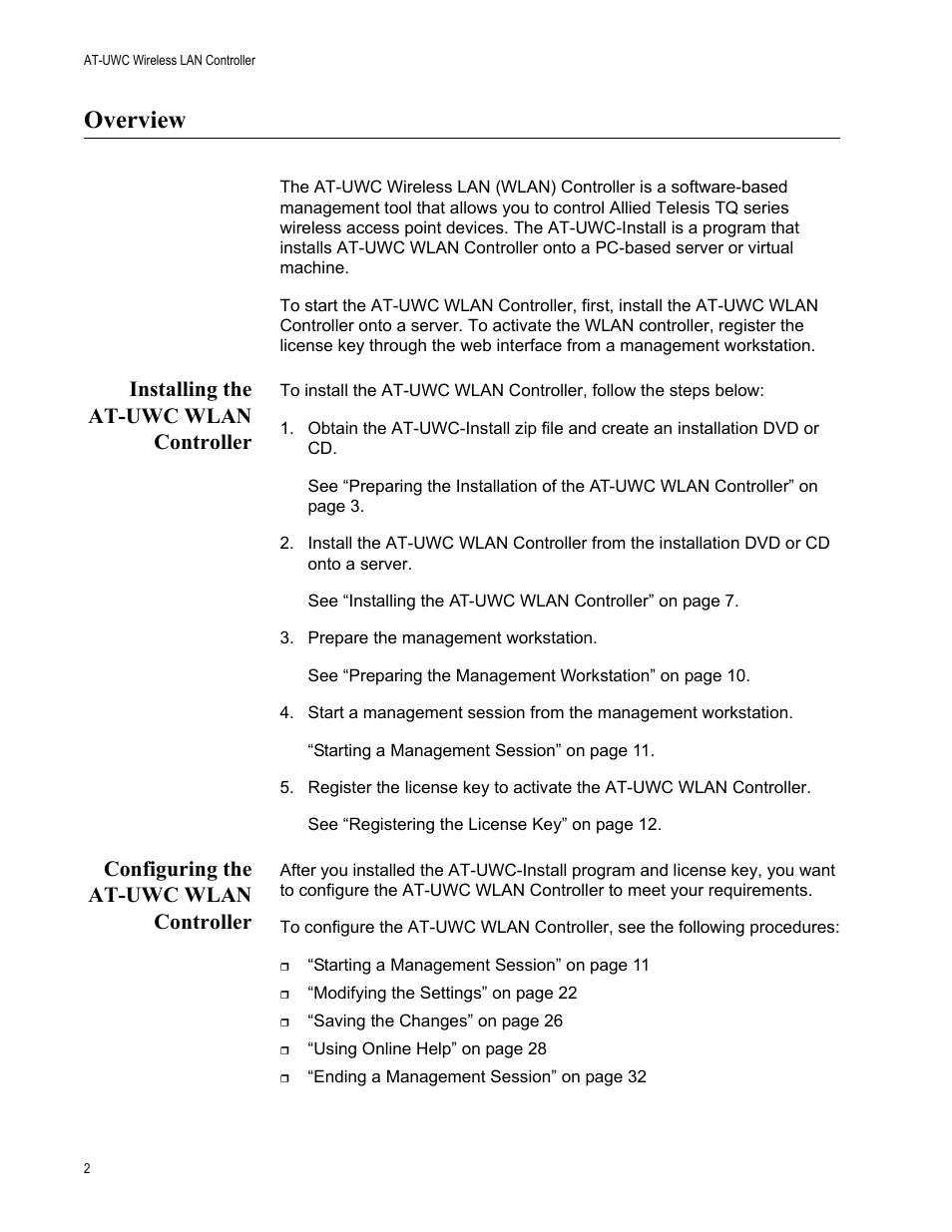 Overview, Installing the at-uwc wlan controller, Configuring the at-uwc wlan controller | Allied Telesis AT-UWC Wireless LAN Controller User Manual | Page 2 / 33