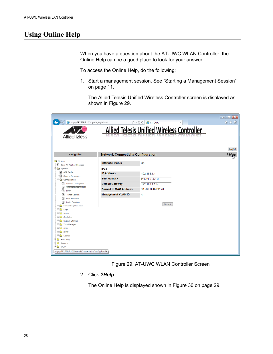 Using online help | Allied Telesis AT-UWC Wireless LAN Controller User Manual | Page 28 / 33