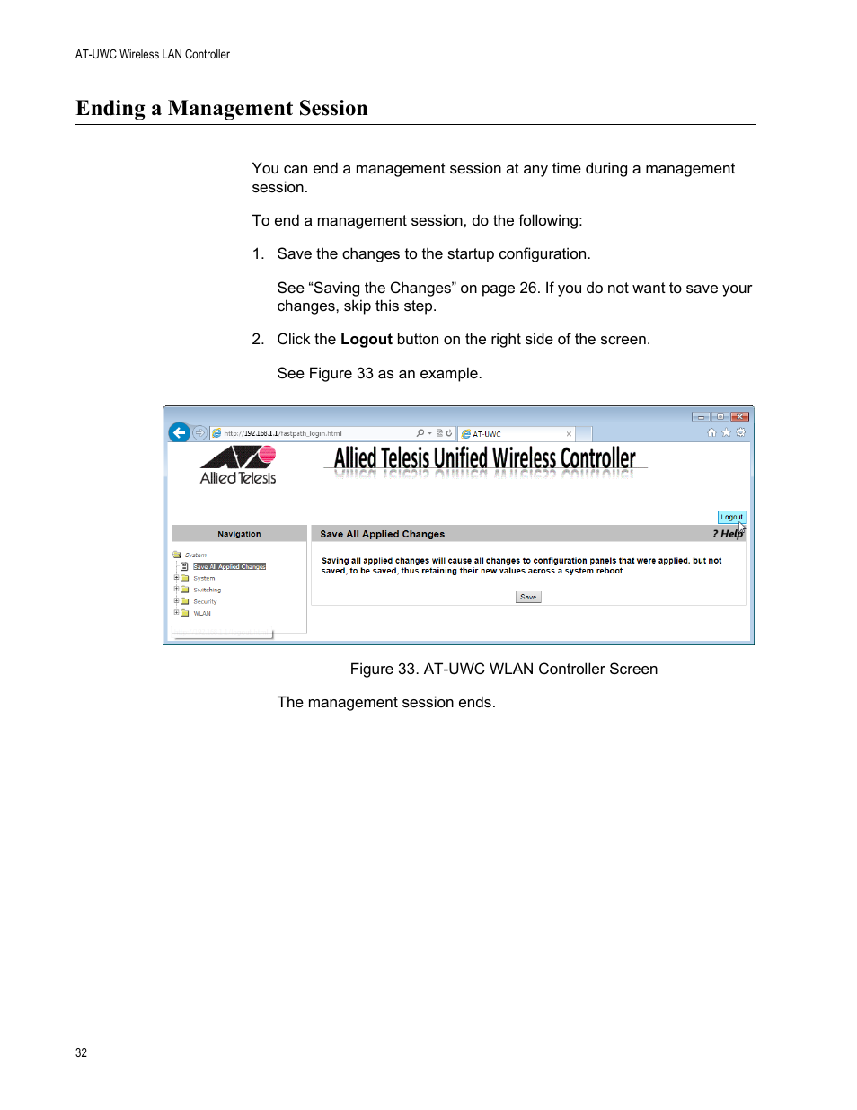 Ending a management session | Allied Telesis AT-UWC Wireless LAN Controller User Manual | Page 32 / 33