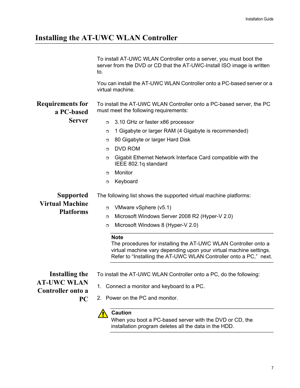 Installing the at-uwc wlan controller, Requirements for a pc-based server, Supported virtual machine platforms | Installing the at-uwc wlan controller onto a pc | Allied Telesis AT-UWC Wireless LAN Controller User Manual | Page 7 / 33