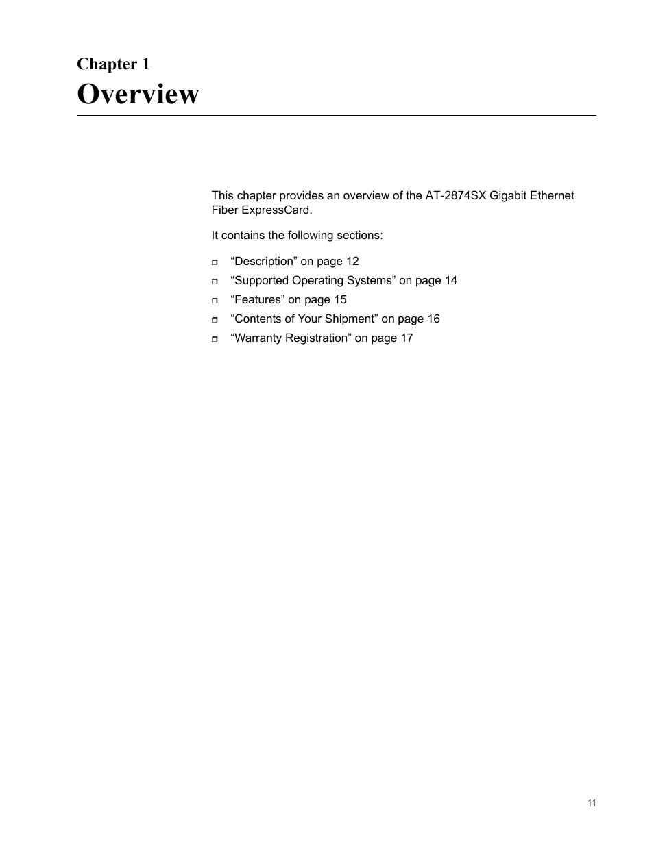 Chapter 1, Overview | Allied Telesis AT-2874SX User Manual | Page 11 / 84