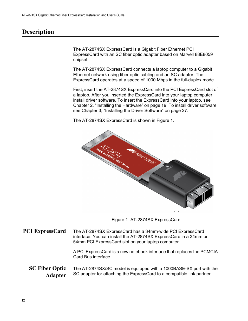 Description, Pci expresscard, Sc fiber optic adapter | Pci expresscard sc fiber optic adapter | Allied Telesis AT-2874SX User Manual | Page 12 / 84